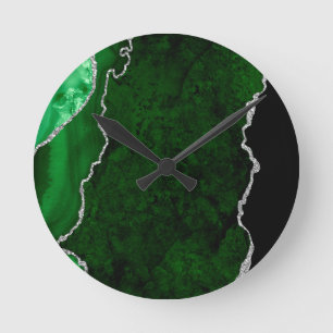 Glamourous Forest Green Marble Chic Silver Glitter Round Clock