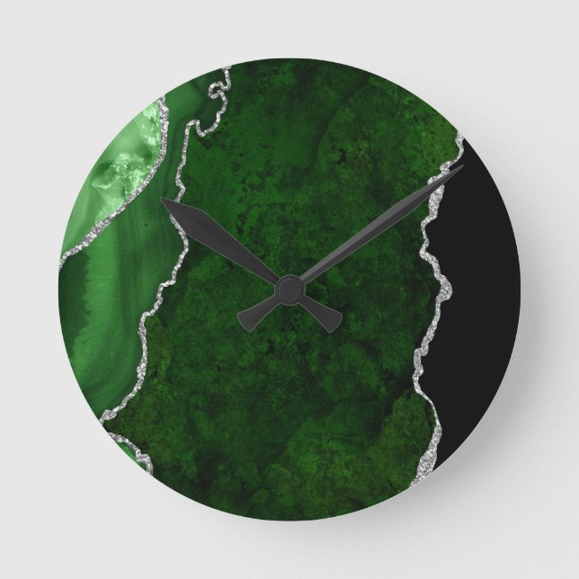 Glamourous Forest Green Marble Chic Silver Glitter Round Clock (Front)