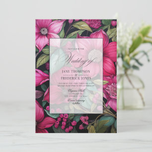Glamourous Fuchsia, Emerald Green & Black Floral Invitation