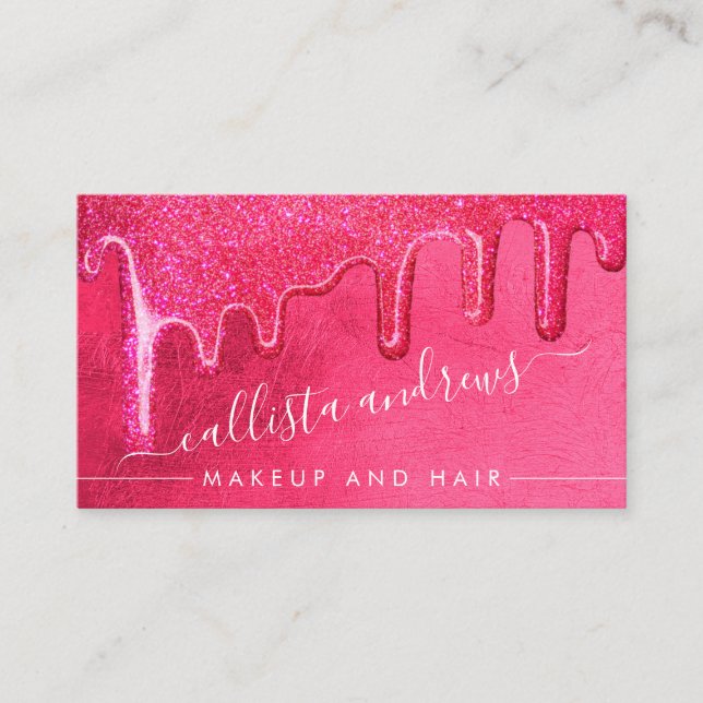 Glamourous Girly Neon Pink Thick Glitter Drips Business Card (Front)