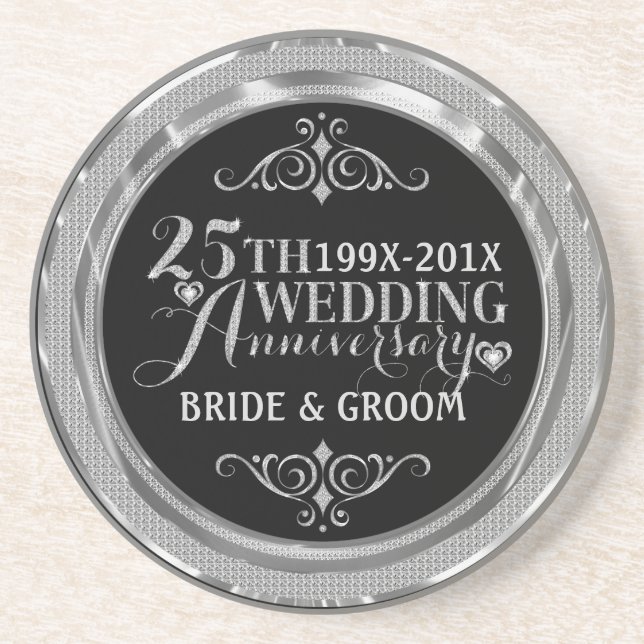 Glamourous Glitter 25th Wedding Anniversary Patter Coaster (Front)