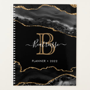 Glamourous Glitter Agate Black Gold Monogram Planner
