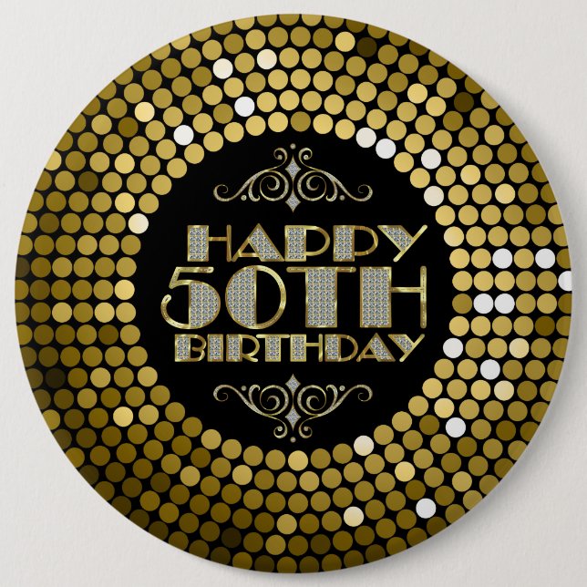 Glamourous Glitter Happy 50th Birthday 6 Cm Round Badge (Front)
