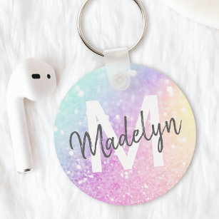Glamourous Glitter Holograph Monogrammed Pretty Key Ring