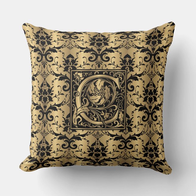 Glamourous Gold and Black Damask Print Monogram C Cushion (Front)