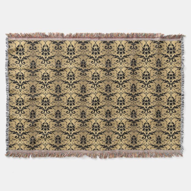 Glamourous Gold and Black Damask Print Throw Blanket (Front)