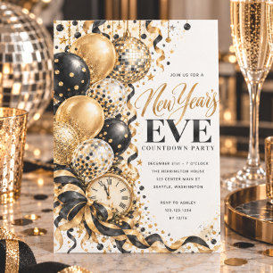 Glamourous Gold Balloon New Year’s Eve Party Invitation