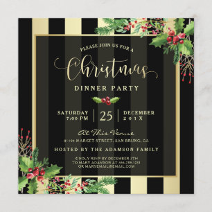 Glamourous Gold & Black Stripe Holiday Party Invit Invitation