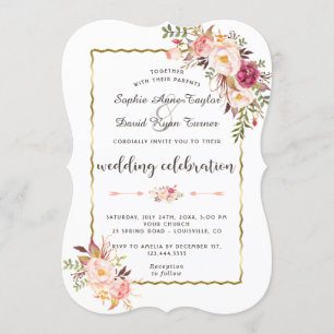 Glamourous Gold Blush Pink Floral  Wedding Invitation