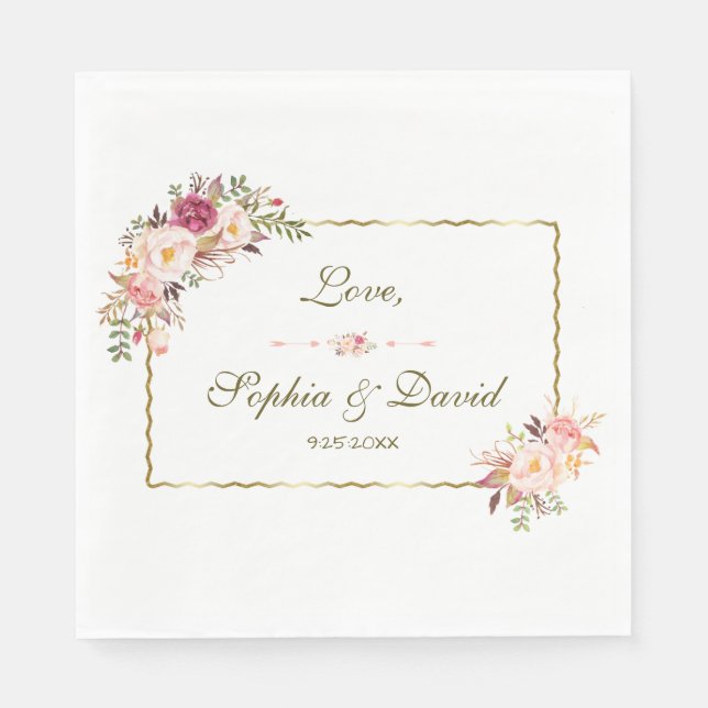 Glamourous Gold Blush Pink Floral Wedding Napkin (Front)