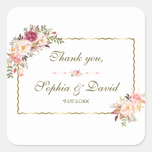 Glamourous Gold Blush Pink Floral Wedding Square Sticker (Front)