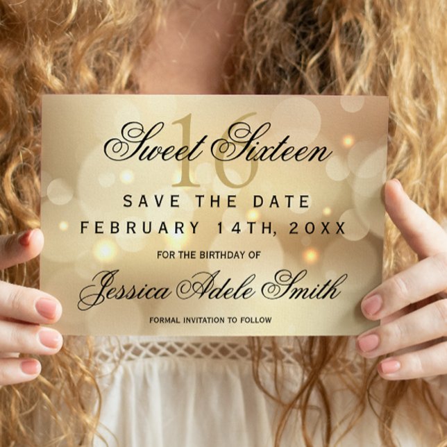 Glamourous Gold Bokeh Light Sweet 16 save the date Postcard (Creator Uploaded)