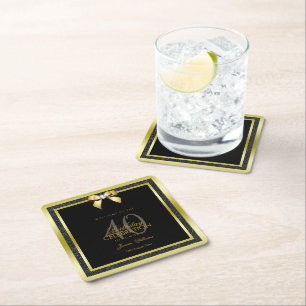 Glamourous Gold Bow & Black Glitter 40th Birthday Square Paper Coaster