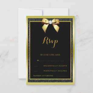 Glamourous Gold Bow & Black Glitter RSVP Card