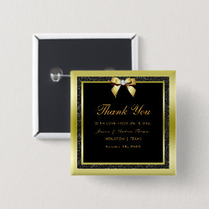 Glamourous Gold Bow & Black Glitter Wedding 15 Cm Square Badge