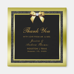 Glamourous Gold Bow & Black Glitter Wedding Magnet