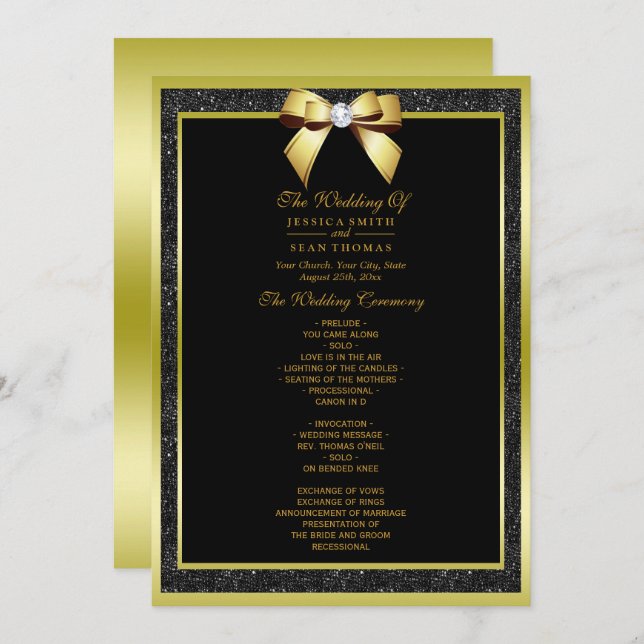 Glamourous Gold Bow & Black Glitter Wedding Progra Invitation (Front/Back)