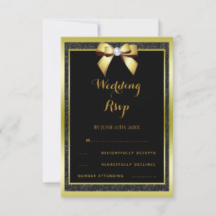 Glamourous Gold Bow & Black Glitter Wedding RSVP Card