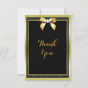 Glamourous Gold Bow & Black Glitter Wedding Thank You Card