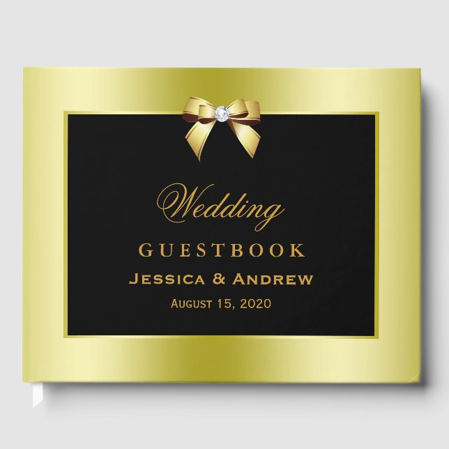 Glamourous Gold Bow & Black Wedding Guest Book (Front)