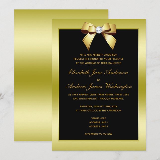 Glamourous Gold Bow & Black Wedding Invitation (Front/Back)