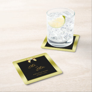 Glamourous Gold Bow & Black Wedding Square Paper Coaster