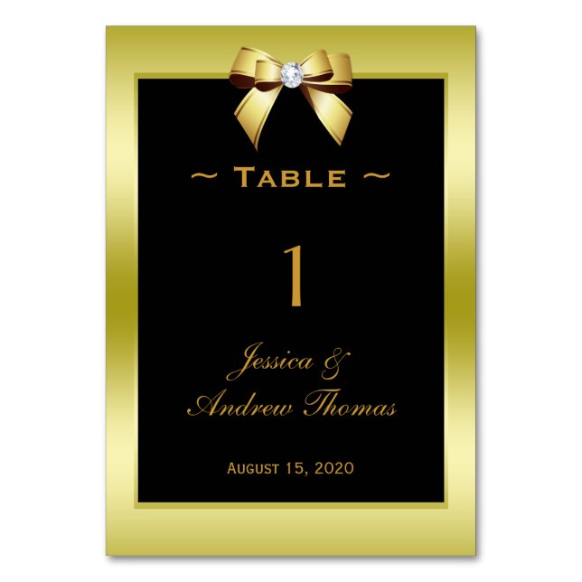 Glamourous Gold Bow & Black Wedding Table Number (Front)