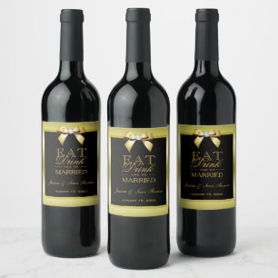 Glamourous Gold Bow & Black Wedding Wine Label