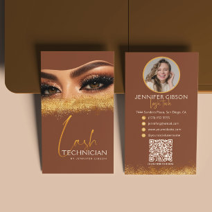 Glamourous Gold & Brown Lash Tech QR Code Business Card
