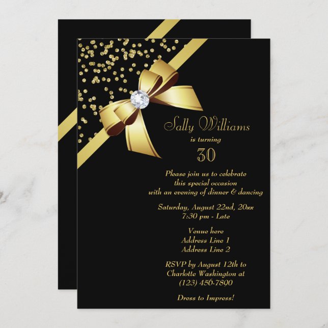 Glamourous Gold Confetti & Jewel Bow 30th Birthday Invitation (Front/Back)