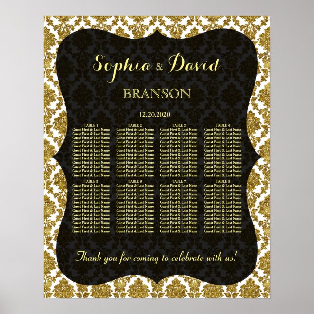 Glamourous Gold Damask Wedding Seating Chart (Front)