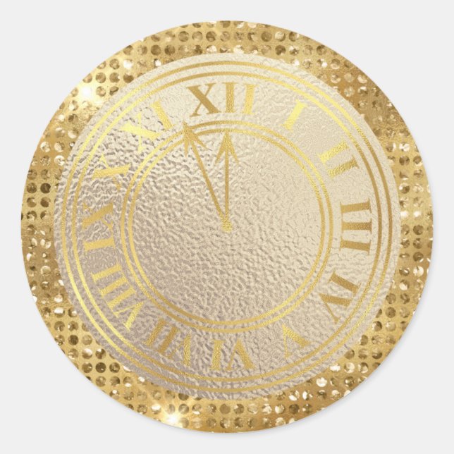 Glamourous Gold Diamonds Almost Midnight Clock Classic Round Sticker (Front)