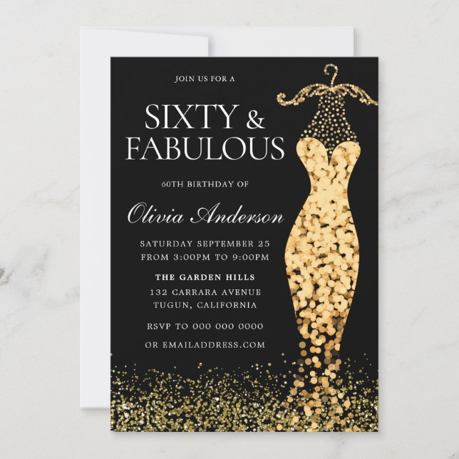 Glamourous Gold Dress Fabulous 60th Birthday Invitation (Front)