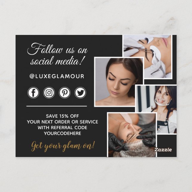 Glamourous Gold Eye Lash Brow Bar 4-Photo Marketin Postcard (Back)