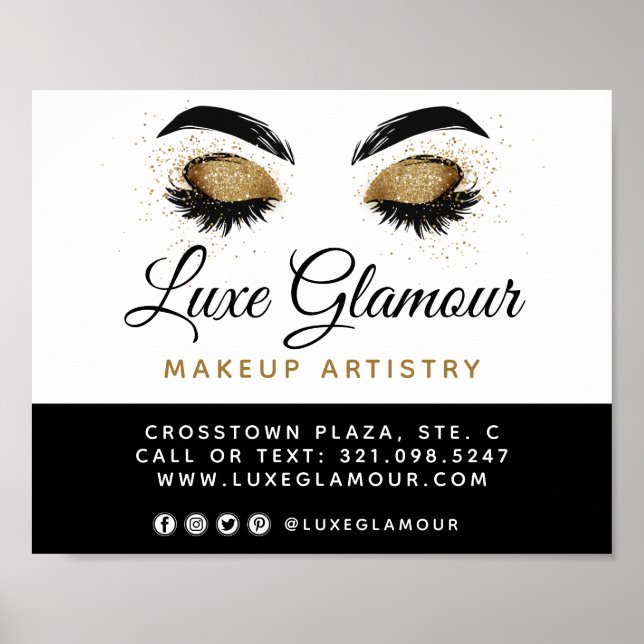 Glamourous Gold Eye Lashes Brows Beauty Bar Signag Poster (Front)