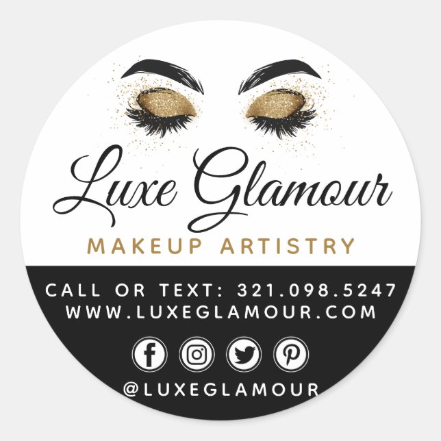 Glamourous Gold Eye Lashes Brows Beauty Bar Social Classic Round Sticker (Front)