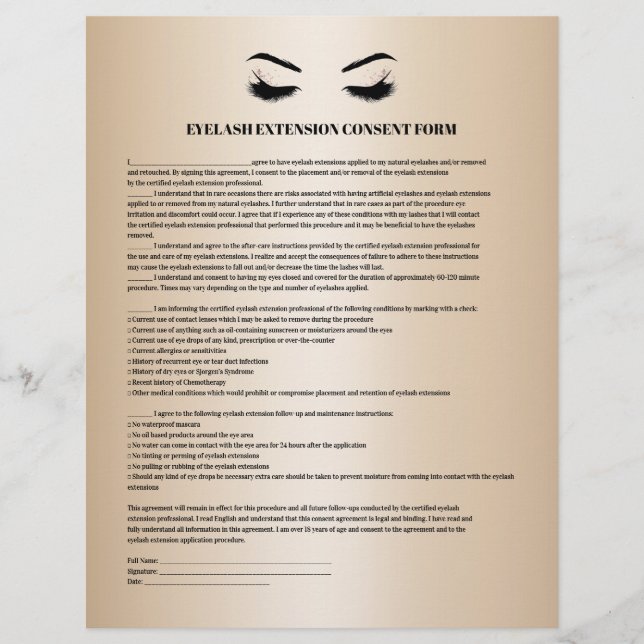 Glamourous Gold EYELASH EXTENSION CONSENT FORM Flyer (Front)