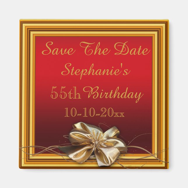 Glamourous Gold Frame & Faux Bow 55th Birthday Magnet (Front)