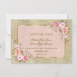 Glamourous Gold Glitter Blush Floral Save The Date