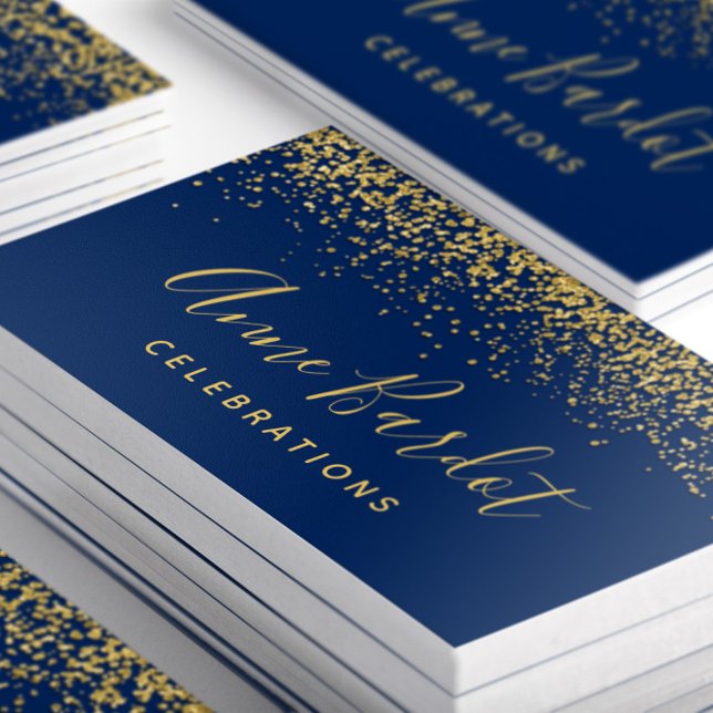 Glamourous Gold Glitter Confetti Navy Blue Business Card (Closeup of stacked Glamorous Blue and Gold Confetti Business Cards)