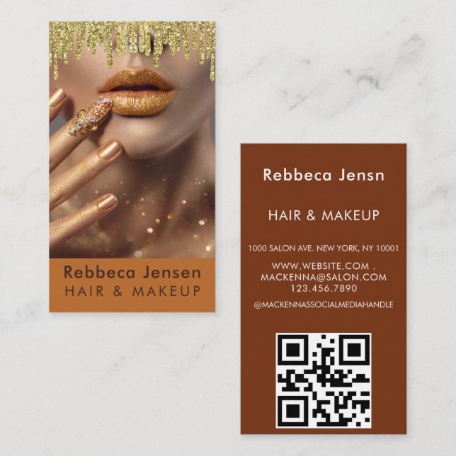 Glamourous Gold Glitter Drip Gold Glam Lips QR Cod Business Card (Front/Back)