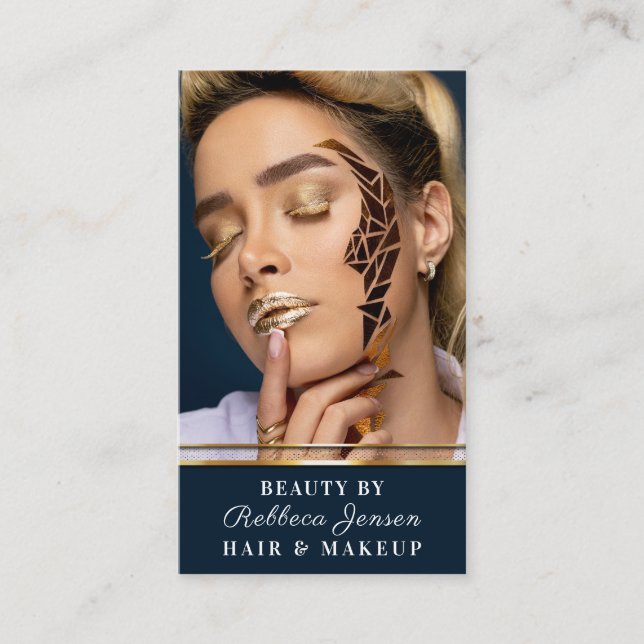 Glamourous Gold Glitter Drip Navy & Gold Glam Lips Business Card (Front)