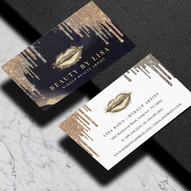 Glamourous Gold Glitter Drip Navy & Gold Glam Lips Business Card (Glamorous Gold Glitter Drip Navy & Gold Glam Lips Business Card)
