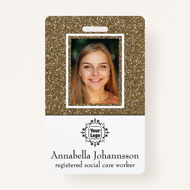 Glamourous Gold Glitter Photo Id & Name Badge ID Badge (Front)