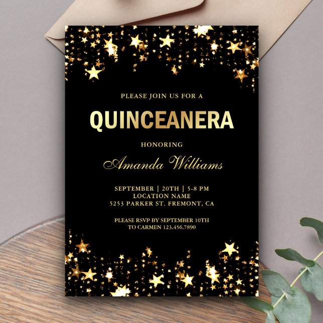 Glamourous Gold Glitter Stars Confetti Quinceanera Invitation (Creator Uploaded)