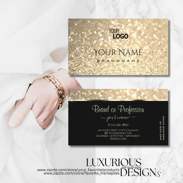 Glamourous Gold Glitter Stars Logo and Opening Hou Business Card (Creator Uploaded)