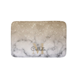 Glamourous Gold Glitter White Marble Ombre Monogra Bath Mat