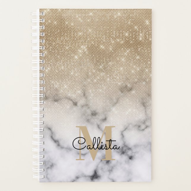 Glamourous Gold Glitter White Marble Ombre Monogra Planner (Front)