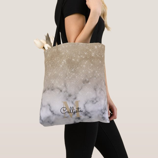 Glamourous Gold Glitter White Marble Ombre Monogra Tote Bag (Close Up)