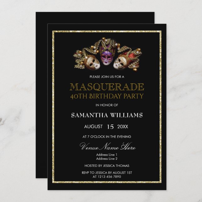 Glamourous Gold Glitters  Masquerade 40th Birthday Invitation (Front/Back)